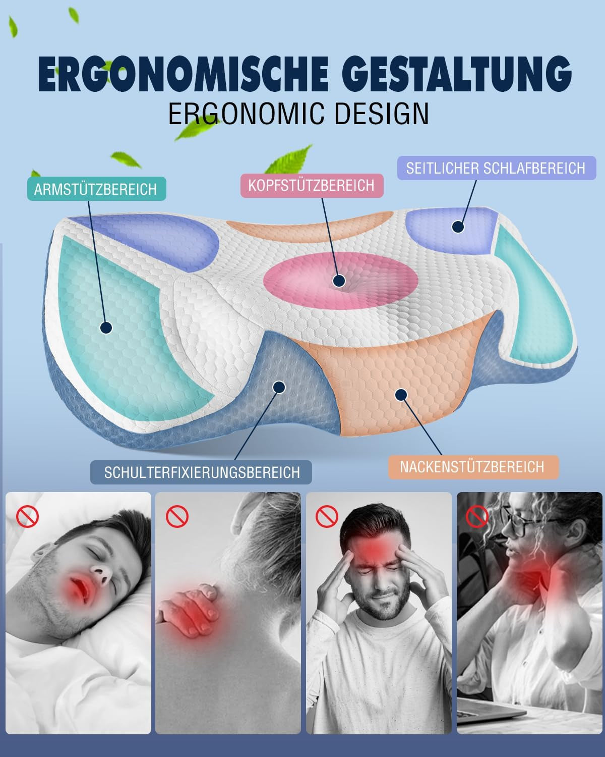Almohada Cervical Almohada Ortopédica para Dolor de Cuello Almohada Viscoelástica Almohada Ergonómica para un Soporte Óptimo Almohada de Soporte Cervical para Soportes Laterales de Espalda y Abdominales Almohadas Ortopédicas Cervicales Naty Shop