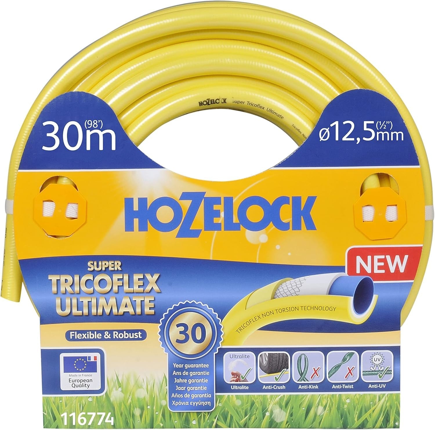 HOZELOCK - Manguera Super Tricoflex Ultimate Ø 12,5 mm (1/2") 30 m: manguera de jardín ligera, robusta y dimensionalmente estable con tecnologías "TNT Non Torsion" y "Soft&Flex", 40% PVC reciclado [116774]