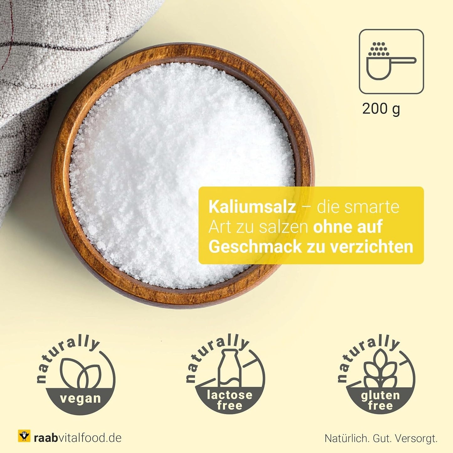 Raab Vitalfood Kalium salt-Mischung, Mineralsalzmischung mit 66,7% Natriumchlorid (Kochsalz) und 33% Kaliumchlorid, Kalium trägt zur Aufrechterhaltung eines normalen Blutdruck bei (1 dosis de 200 g)