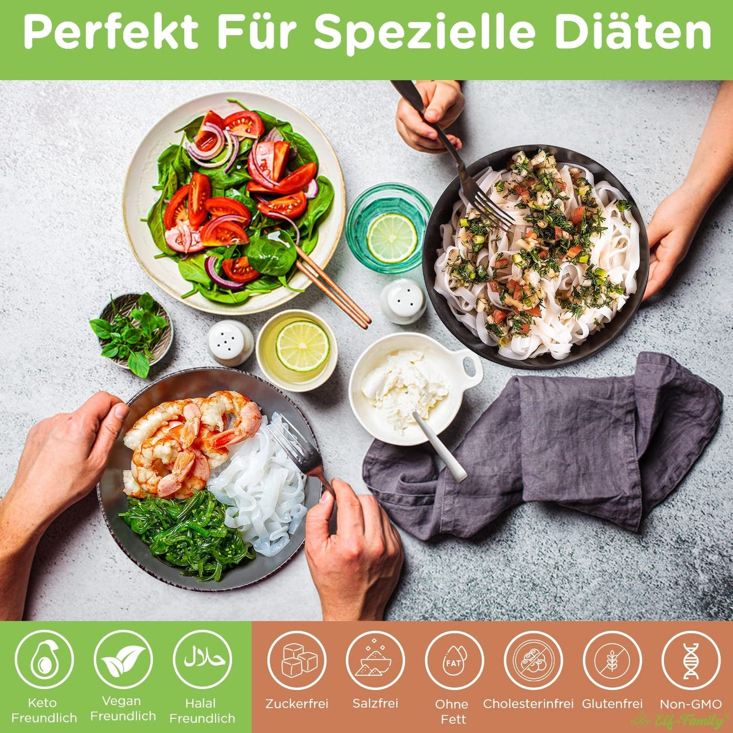 Elf-Family 6 Cajas (12 Piezas) Fideos Shirataki Konjac Orgánicos Ultra Bajos en Carbohidratos Veganos Sin Gluten - 1,62 kg, Sin Carbohidratos/Keto/Bajos en Calorías/Sin Grasa/Sin Azúcar Fideos Instantáneos - Espagueti y Fettuccine