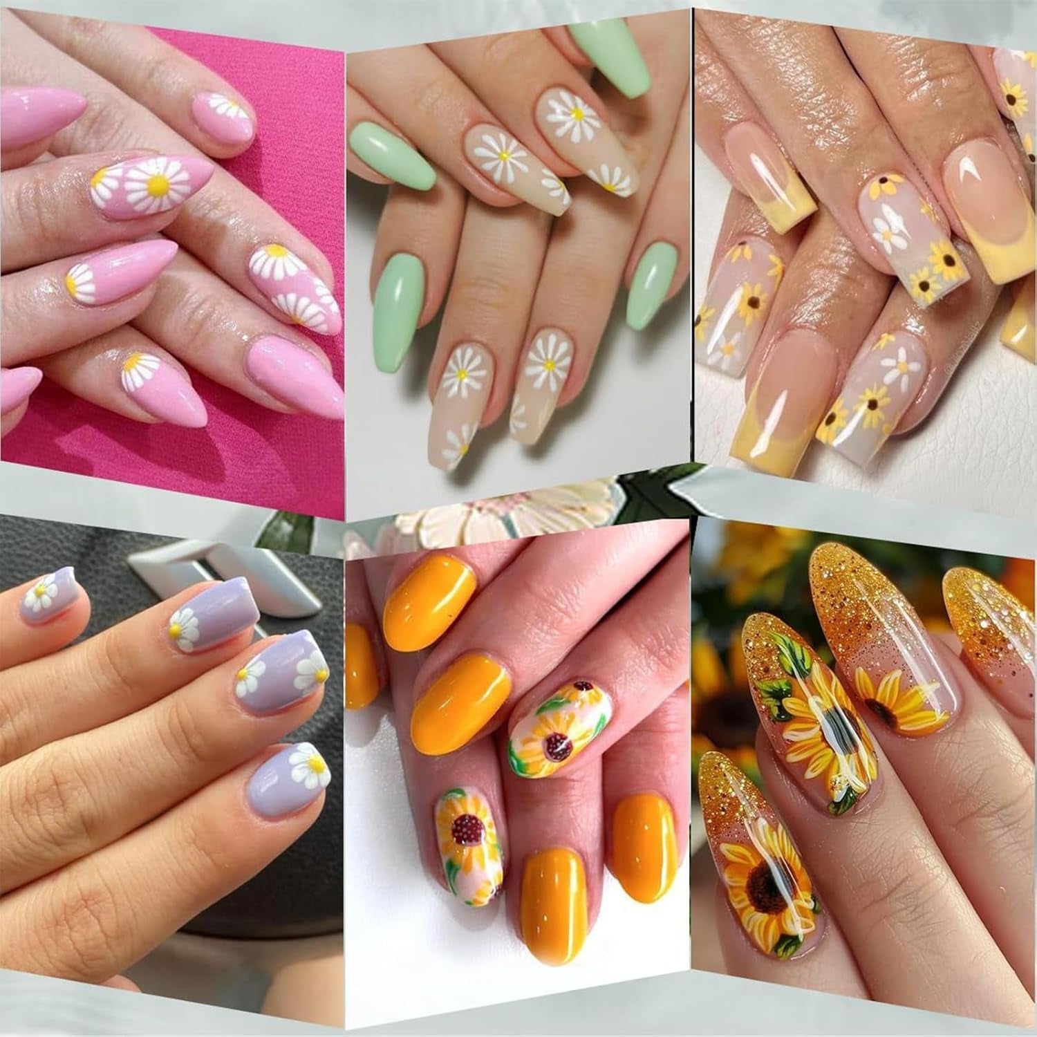 12 hojas de pegatinas para uñas con efecto 3D, curado UV, pegatinas para uñas de flores de larga duración, pegatinas artísticas para uñas con margaritas blancas y amarillas