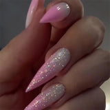 Mouyouglow-uñas largas Stiletto, color blanco lechoso, degradado, purpurina rosa, uñas postizas frescas con pegamento, uñas artificiales con purpurina rosa ombré