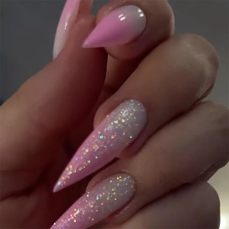 Mouyouglow-uñas largas Stiletto, color blanco lechoso, degradado, purpurina rosa, uñas postizas frescas con pegamento, uñas artificiales con purpurina rosa ombré