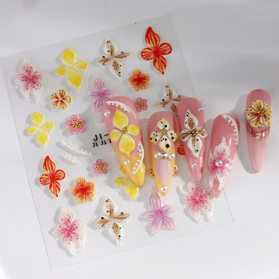 JMEOWIO 3D Nagelsticker Flor Colorida Nail Art Sticker Selbstklebend Nagelaufkleber 5D Stereoskopisch Primavera Verano Floral Dekoration Nageldesign Zubehör 4 Blatt