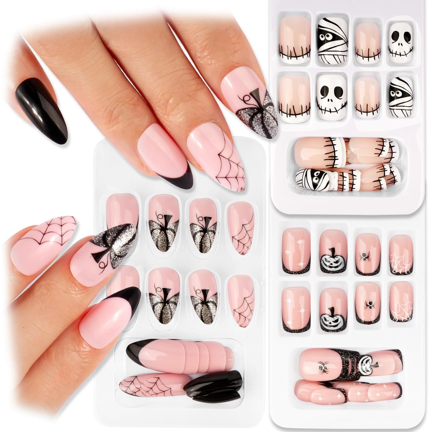72 piezas de uñas de Halloween, uñas postizas autoadhesivas, uñas artificiales cortas, uñas prensadas autoadhesivas, uñas postizas autoadhesivas, puntas de uñas artificiales, naranja, verde, negro