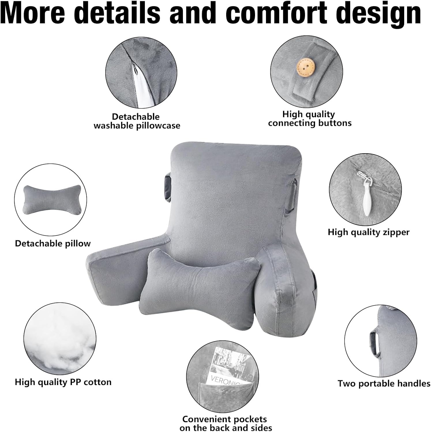 Almohada de lectura para adultos en la cama, respaldo extra grande de 90 x 80 cm (ancho x alto) para leer con soporte para el cuello desmontable y brazo de apoyo, cómoda almohada de lectura para cama, sofá o respaldo en el suelo