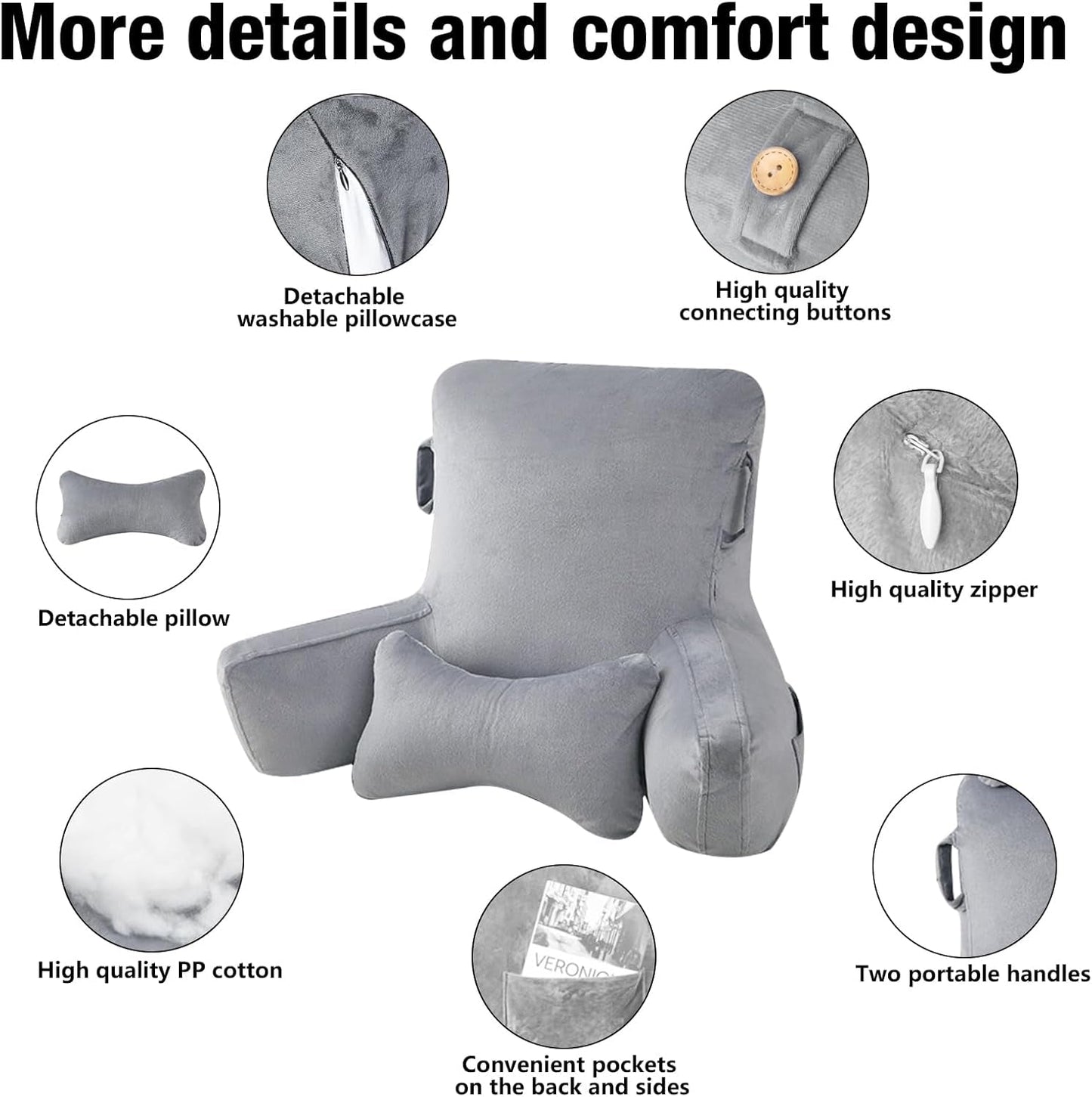 Almohada de lectura para adultos en la cama, respaldo extra grande de 90 x 80 cm (ancho x alto) para leer con soporte para el cuello desmontable y brazo de apoyo, cómoda almohada de lectura para cama, sofá o respaldo en el suelo