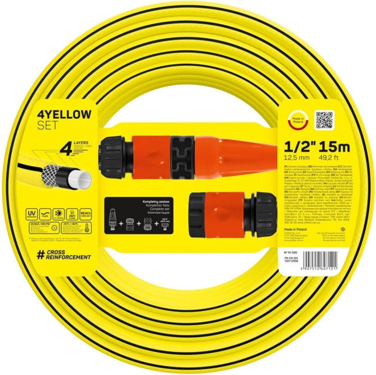 Manguera de jardín Cellfast AMARILLO, ligera, duradera, 4 capas, con aspersor, resistente a los rayos UV y a las algas, resistente a la torsión, tecnología REACH, 20 bar, -10/+50°C, cierre 1/2", 15m