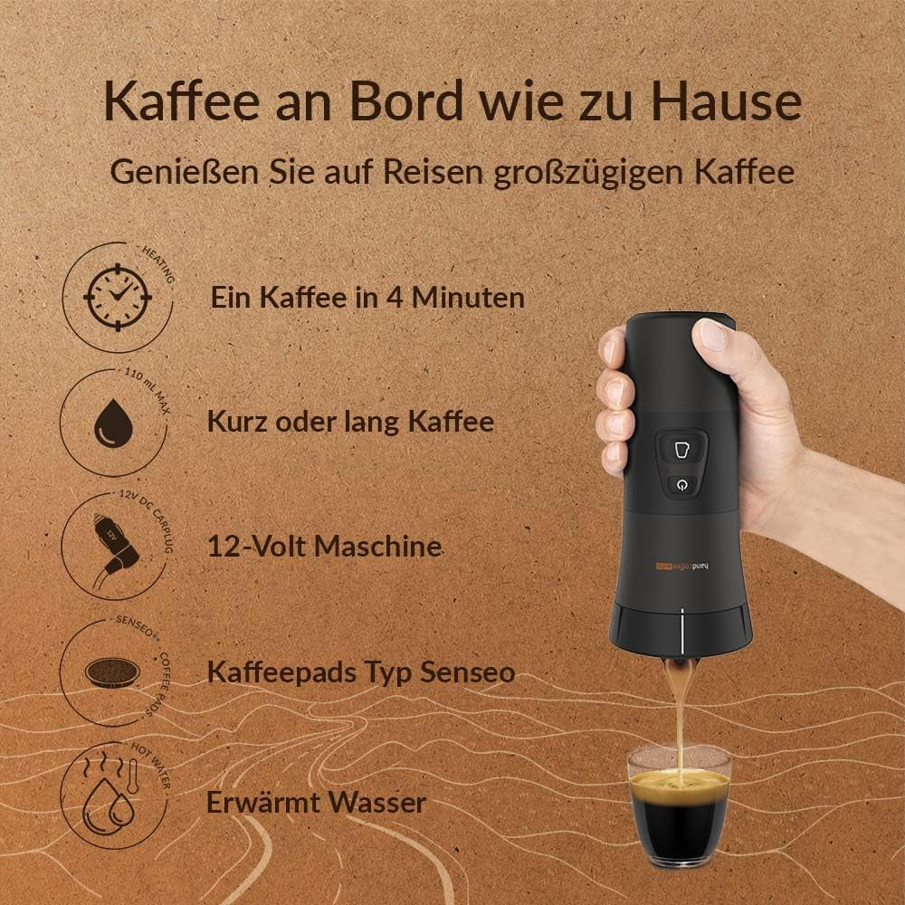 Handpresso - Handcoffee Auto 21000 | Máquina de café expreso para automóvil de 12 V - Máquina de café expreso de 12 voltios para automóviles | Cafetera espresso Senseo Pad para coches - Cafetera espresso de viaje de 12 V | Cafetera espresso de 12 voltios para autocaravanas