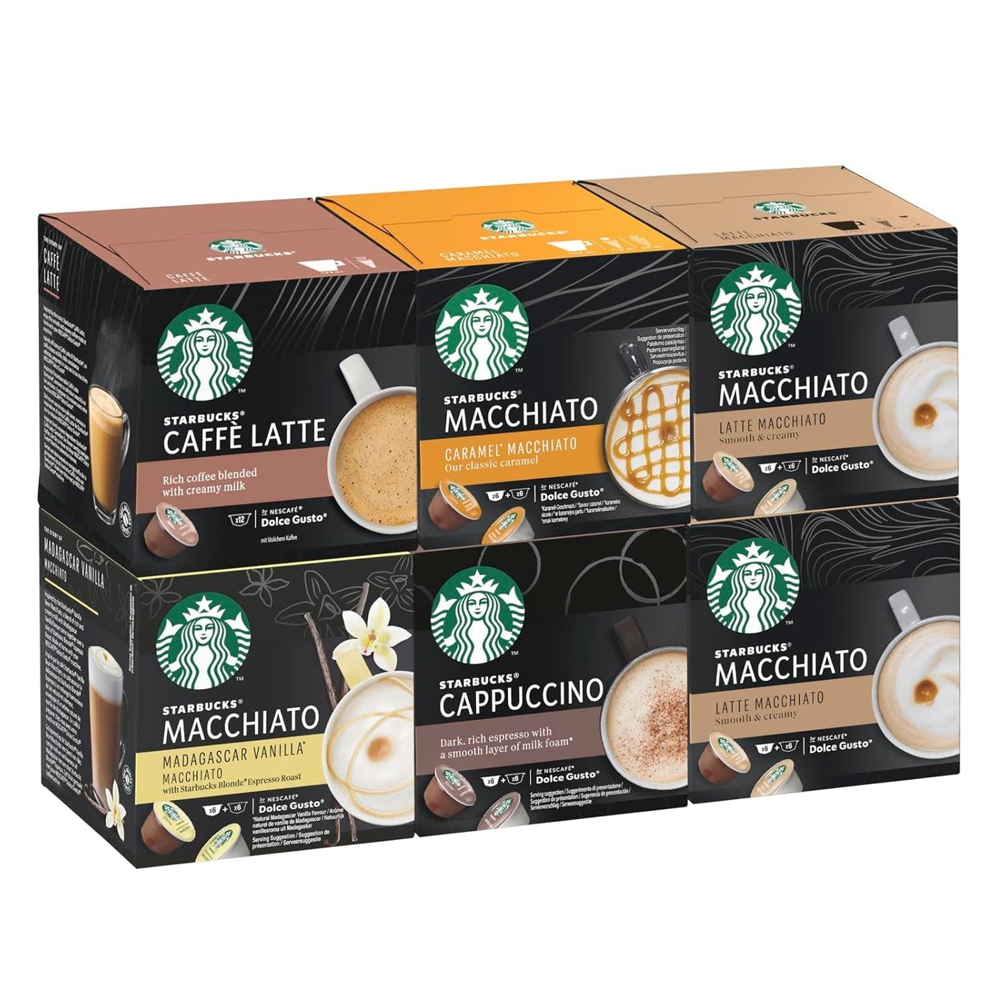 STARBUCKS Probierset, paquete variado de tazas blancas de Nescafé Dolce Gusto Kaffeekapseln y Vanilla Macchiato de Nescafé Dolce Gusto Kaffeekapseln 6 x 12 (72 cápsulas, 36 porciones)