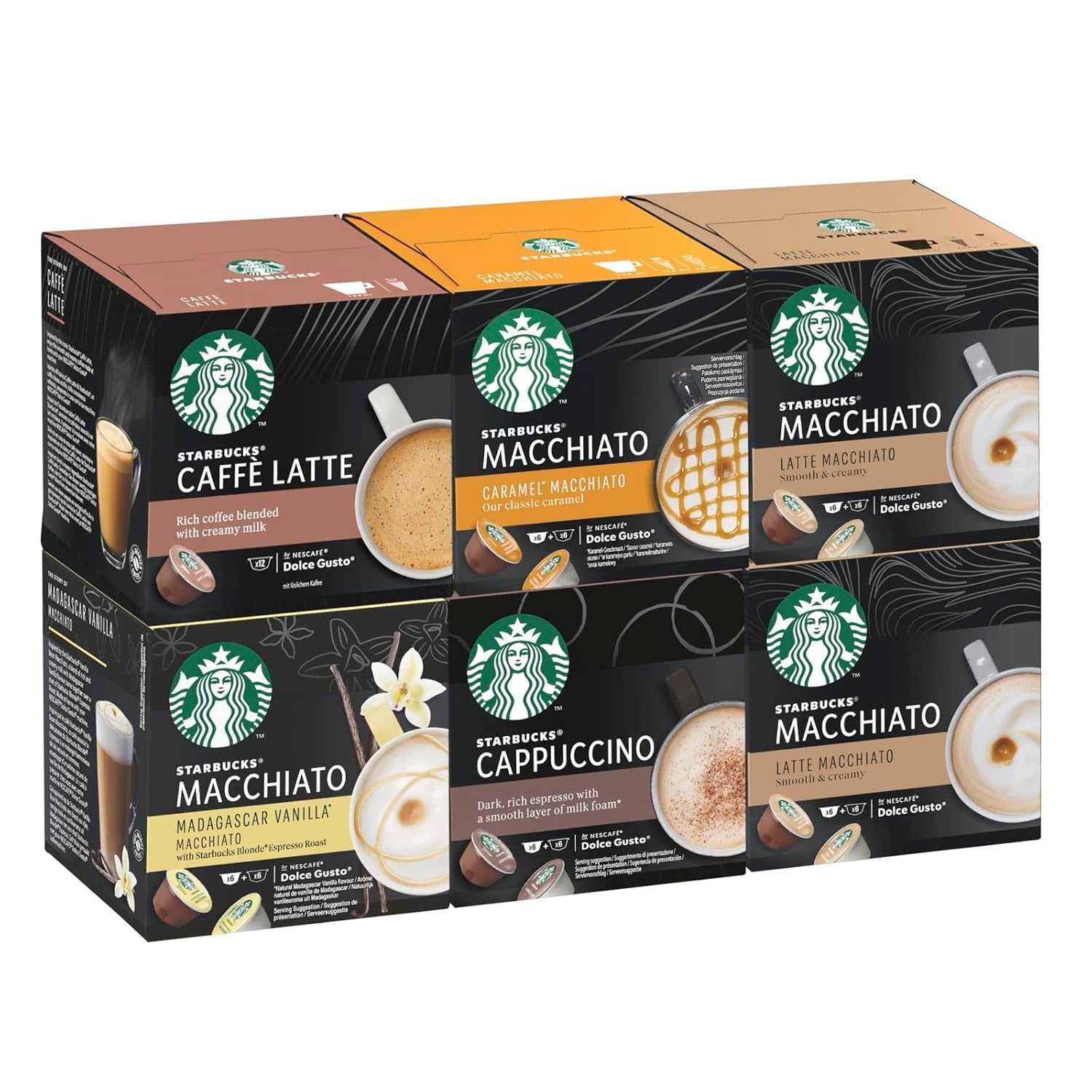 STARBUCKS Probierset, paquete variado de tazas blancas de Nescafé Dolce Gusto Kaffeekapseln y Vanilla Macchiato de Nescafé Dolce Gusto Kaffeekapseln 6 x 12 (72 cápsulas, 36 porciones)