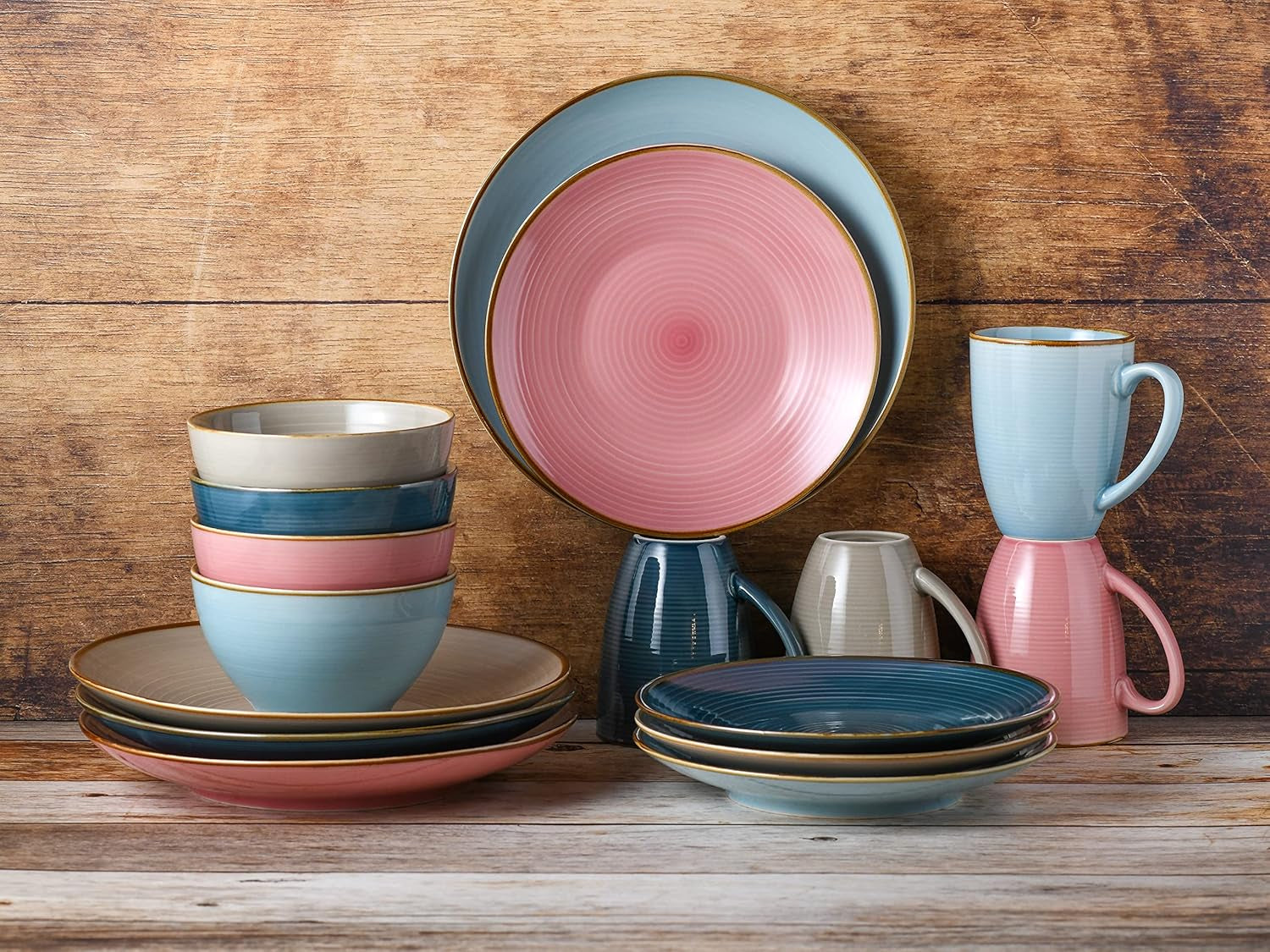 CreaTable, 22506, serie COZY DAY, juego de vajilla de 16 piezas para 4, servicio combinado de porcelana, apto para lavavajillas y microondas, fabricación de calidad