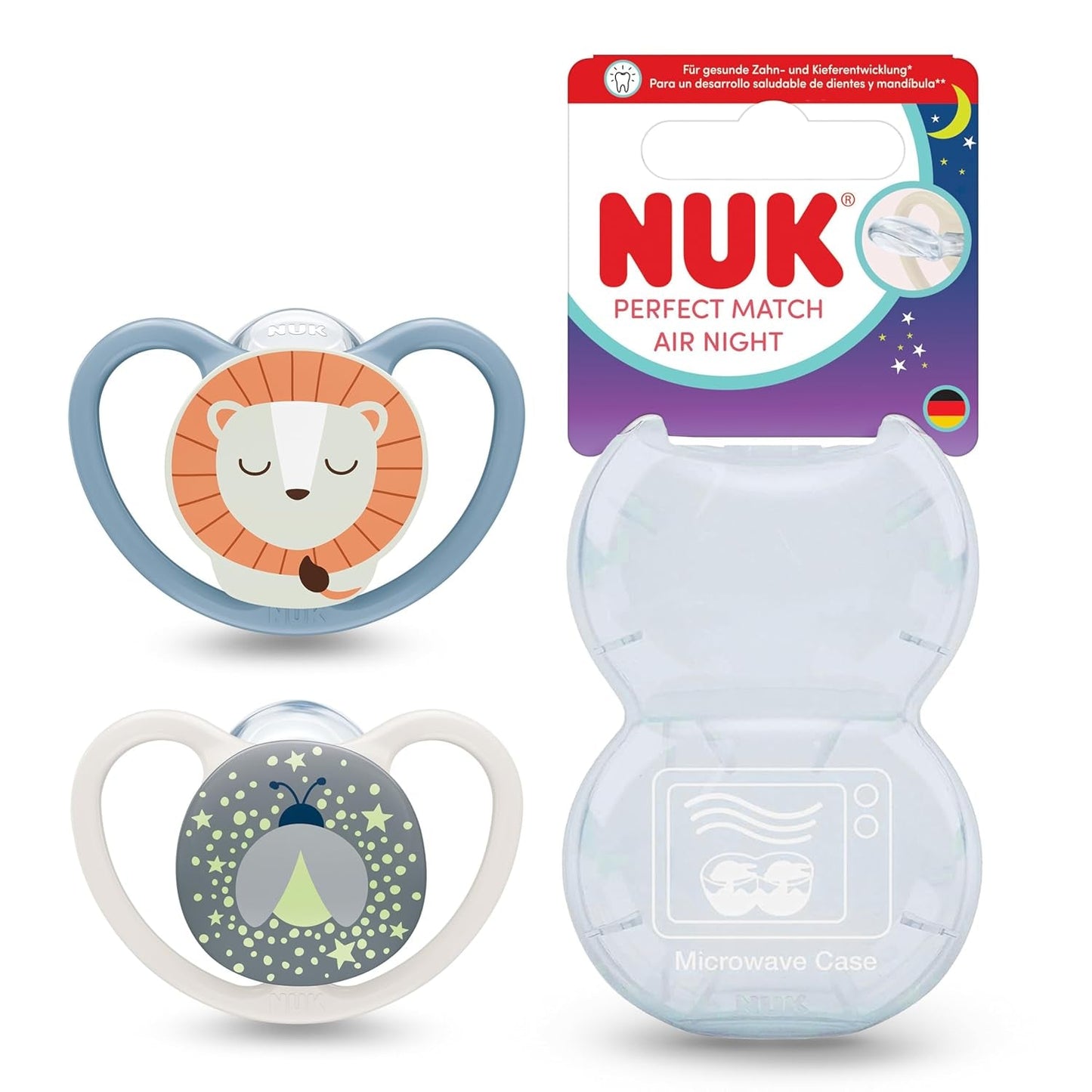 Chupetes nocturnos NUK Perfect Match Air para bebés | 0-6 meses | Chupetes que brillan en la oscuridad que favorecen la circulación del aire y evitan el babeo | 95% de aceptación por parte de los bebés** | León | Paquete de 2