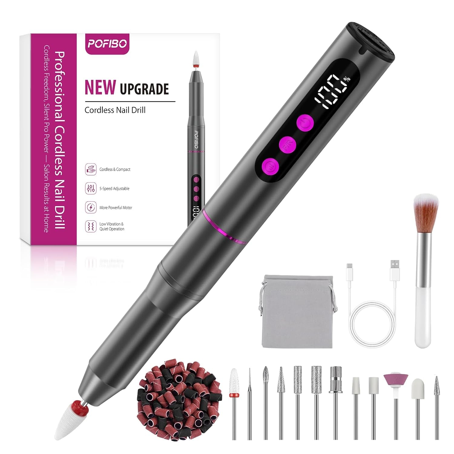 Lima de uñas eléctrica inalámbrica - 35000 RPM para uñas de gel, lima de uñas profesional y acrílica 12 en 1, juego de manicura y pedicura de 5 velocidades