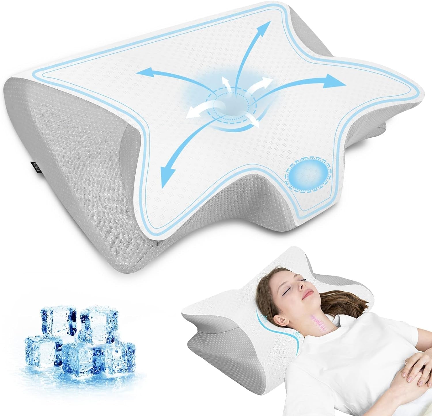 HOMCA Almohada para el cuello Almohada ortopédica de espuma viscoelástica 2 en 1 Almohada de apoyo para el cuello con funda de enfriamiento 3D Almohada ergonómica para dormir boca arriba, de lado y boca abajo Gris 60X13/11X40cm Almohadas ortopédicas cervicales Naty Shop Gris