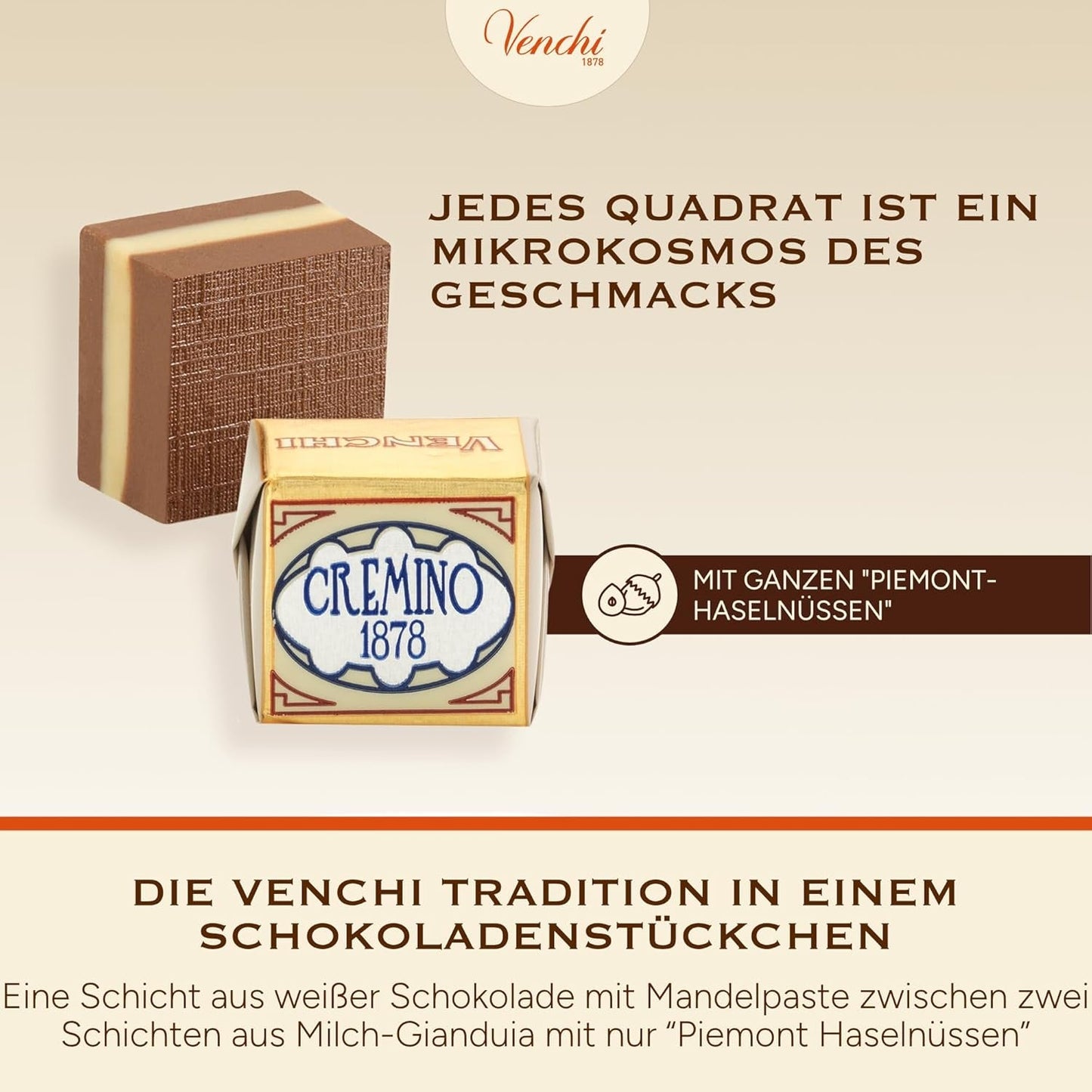 Venchi - Cremini 1878 - Chocolate de tres capas con gianduja con leche y pasta de almendras, "Avellanas Piamontesas IGP", 1 kg, sin gluten, sin colorantes y sin conservantes