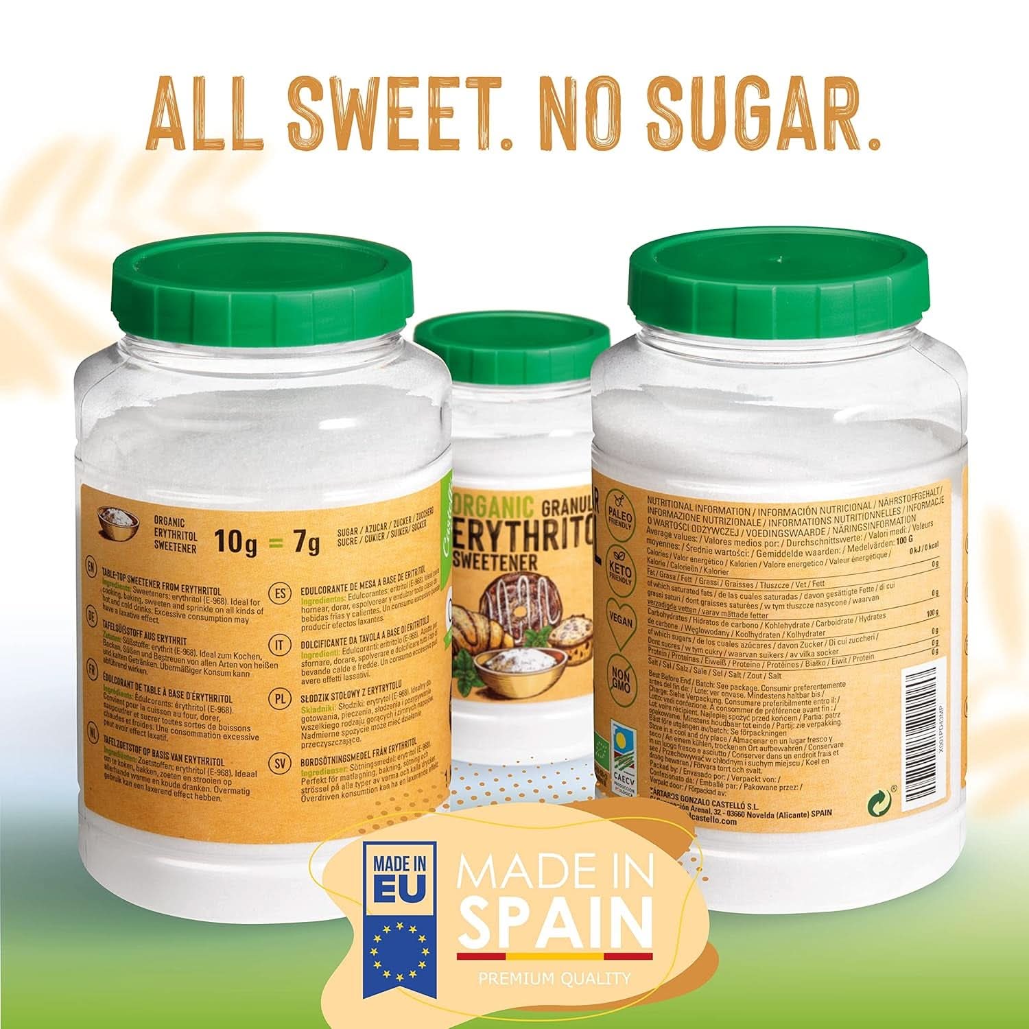 Eritritol natural ecológico, 10G = 7G azúcar, 1 Kg Edulcorantes Naty Shop