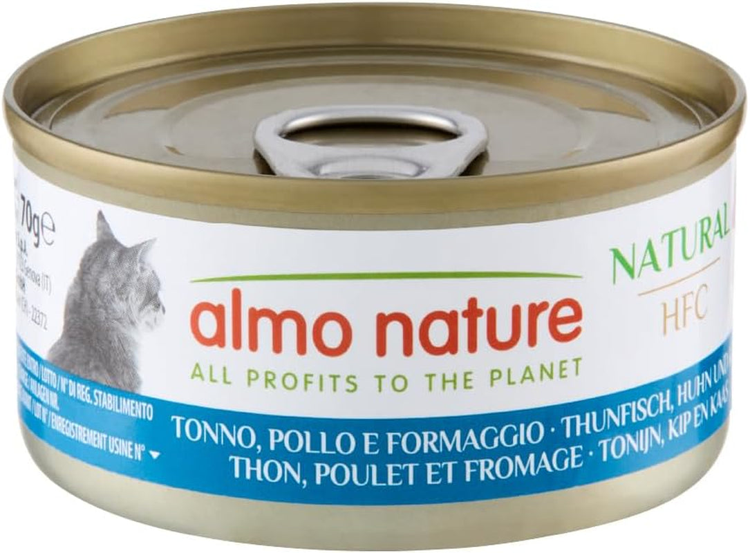 Almo Nature HFC Natural - Comida húmeda para gatos adultos - Atún, Pollo y Queso - Calidad humana, Sin gluten - 6 x 70g