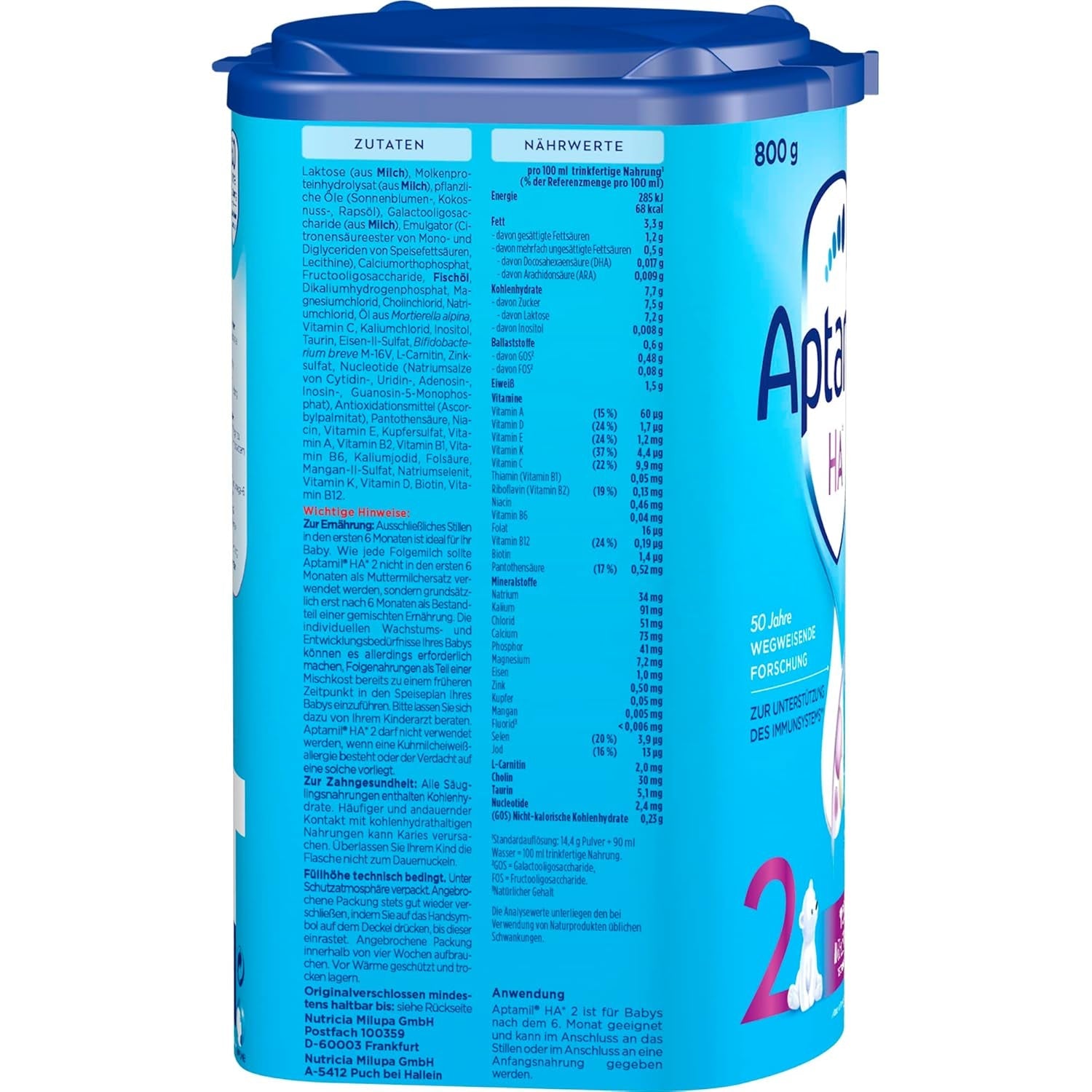 Aptamil HA 2 – Fórmula de continuación después de 6 meses, con Omega 3 y 6, DHA, ARA y ALA, Sin lactosa, Sin aceite de palma, Papillas, Leche en polvo, 1 x 800 g (Paquete de 4)