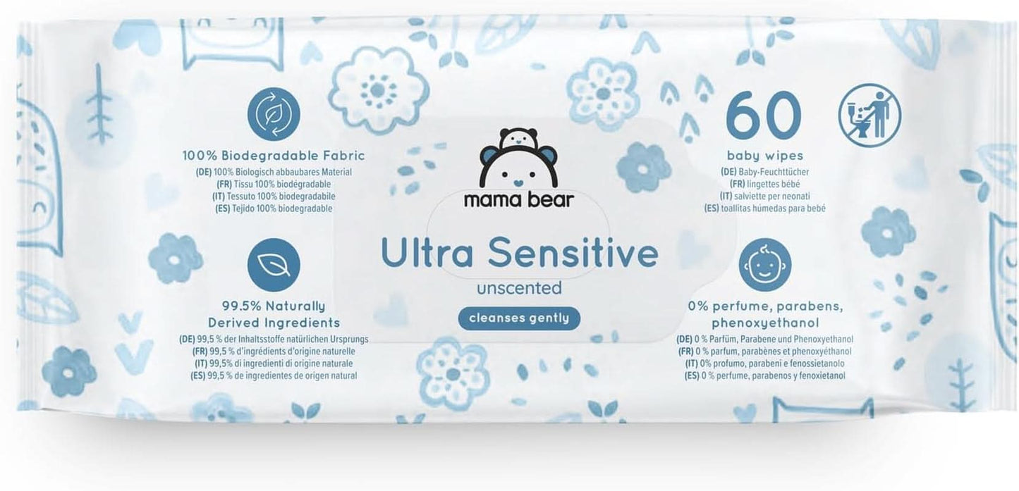 Toallitas para bebé Mama Bear ultrasensibles sin fragancia, 1008 unidades (18 paquetes de 60) Naty Shop