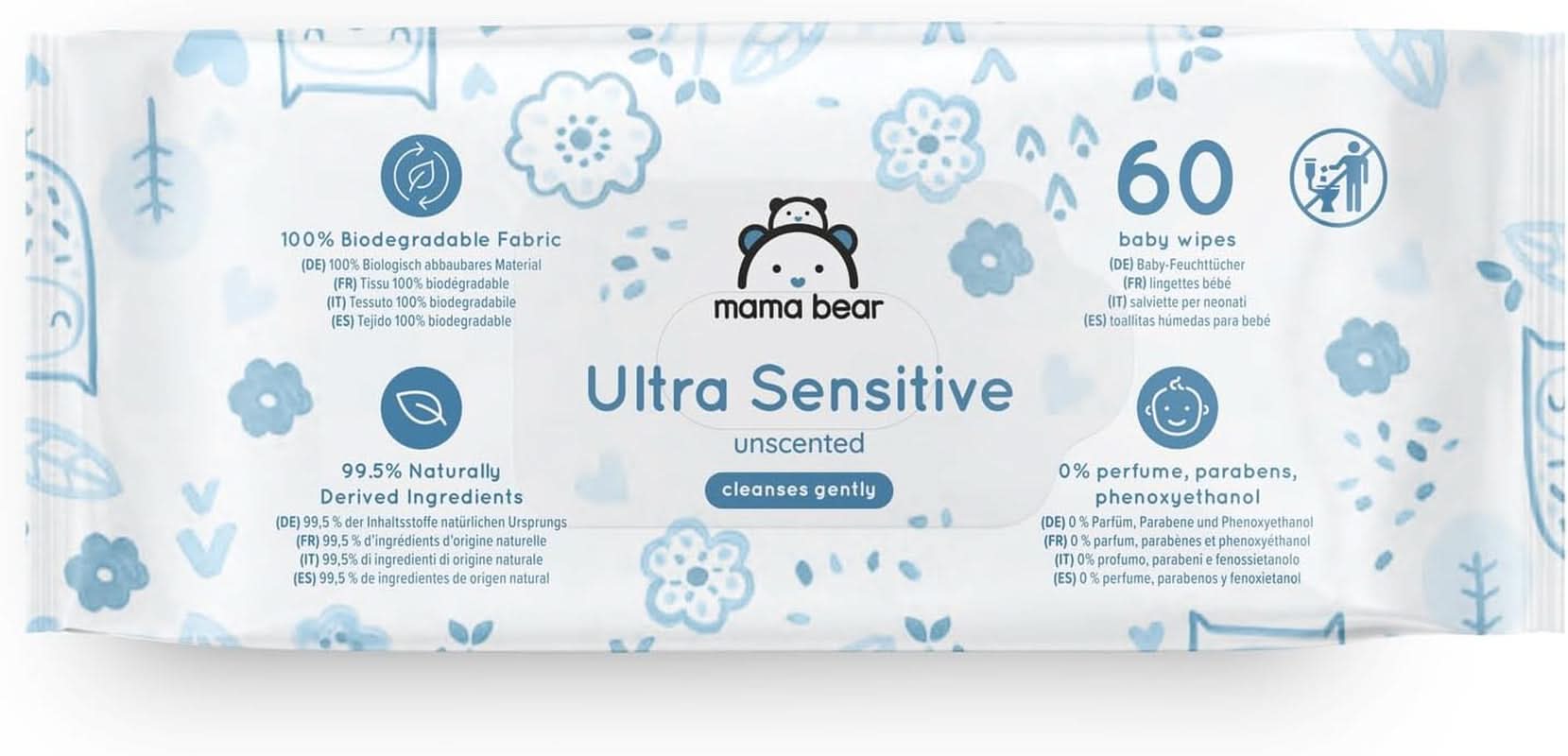 Toallitas para bebé Mama Bear ultrasensibles sin fragancia, 1008 unidades (18 paquetes de 60) Naty Shop