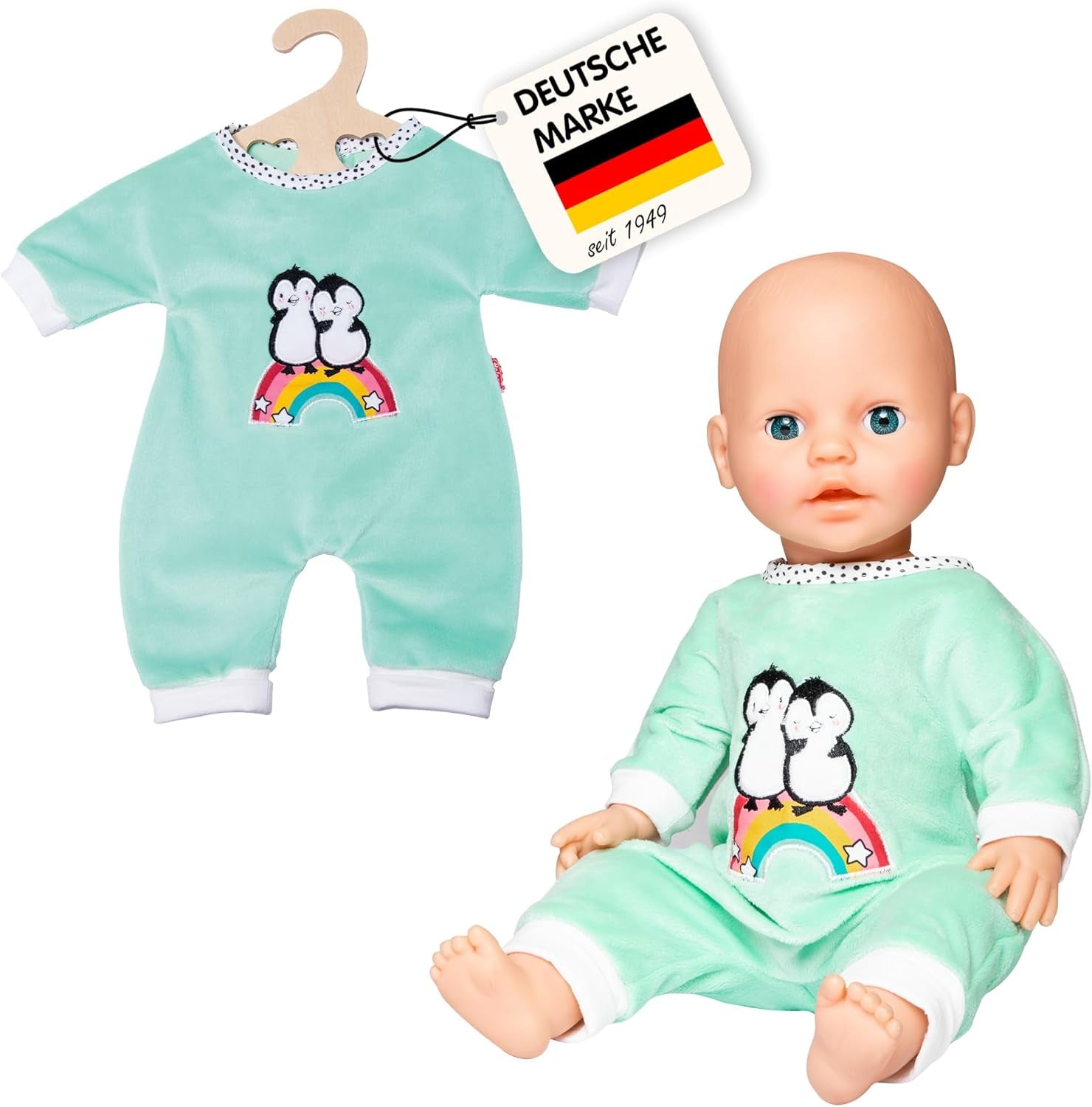 Heless 1181 - Mono para Muñeca con Diseño de Pingüino de Lunares Hecho de Suave Terciopelo con Bordado de Alta Calidad Talla 28-35cm