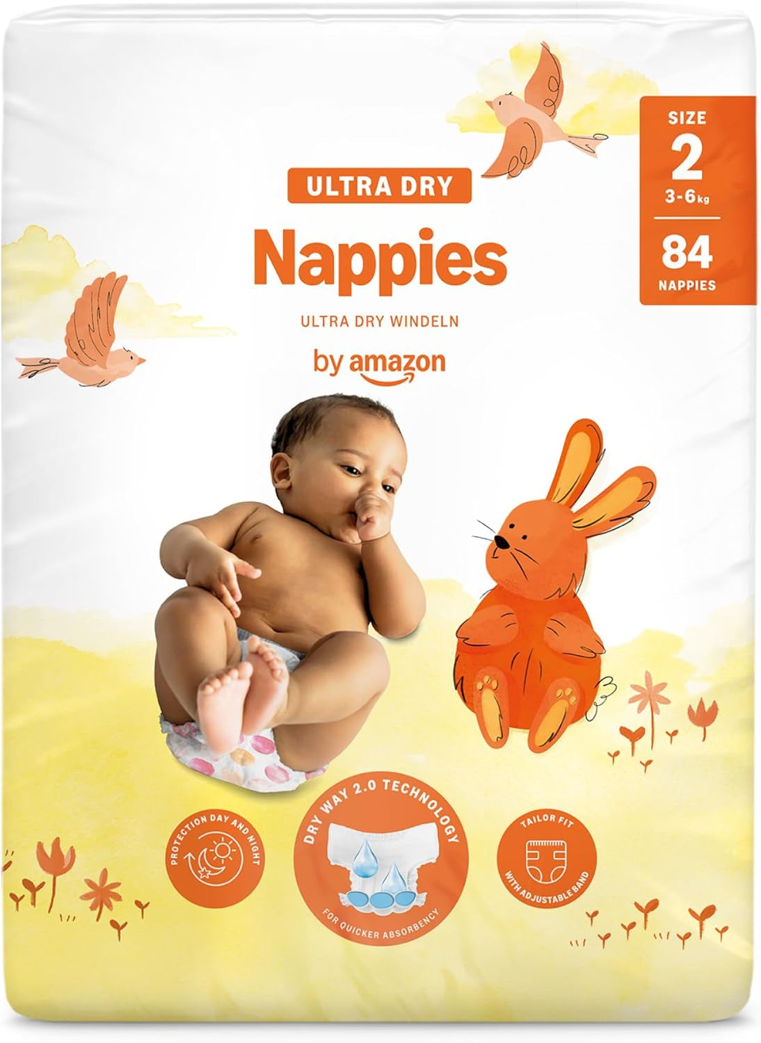 Pañales Amazon Ultra Dry, tamaño 1 (2-5 kg) - Caja mensual, blanco, 96 unidades (2 paquetes de 48) (anteriormente marca Mama Bear, producto idéntico)