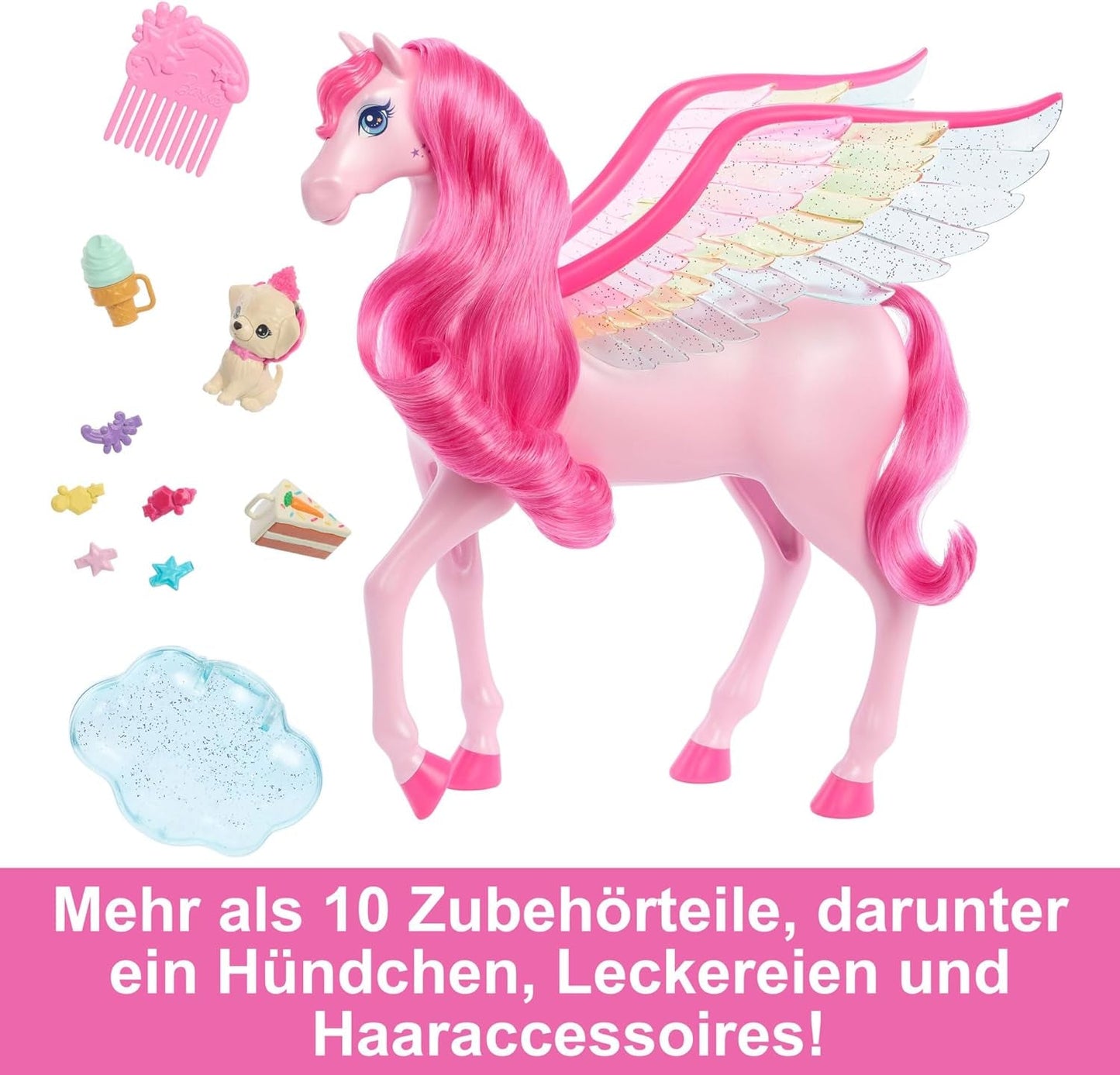Barbie A Hidden Magic Pegaso - Juguete interactivo con luces y sonidos, 10 accesorios, alas de arcoíris, para niños a partir de 3 años, HLC41 Naty Shop Muñecas