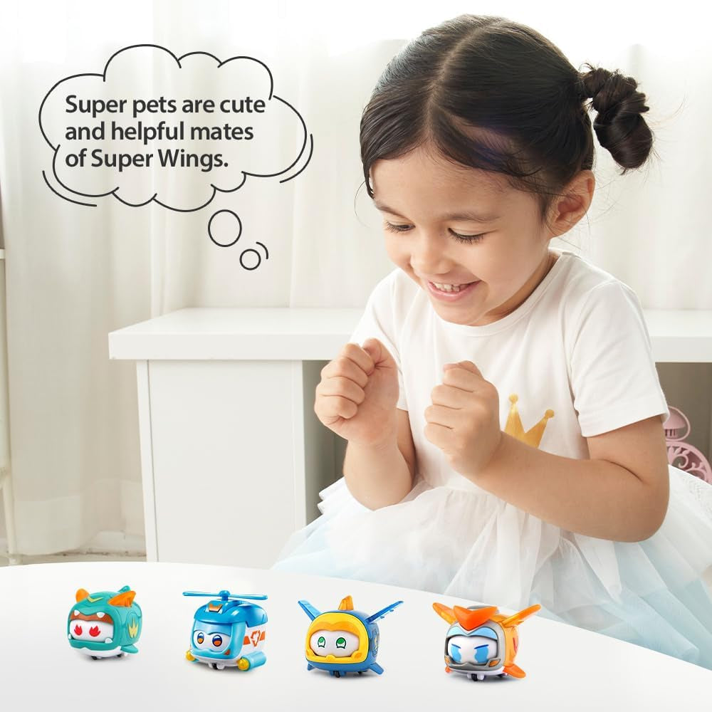 Super Wings Super Pets 4 PCS Shine, Golden Boy, Jerome, Ellie Expresión facial intercambiable Efecto relámpago Juguete portátil para niños de 3 4 5 6 7 8 años Figuras de acción de 2 pulgadas Naty Shop