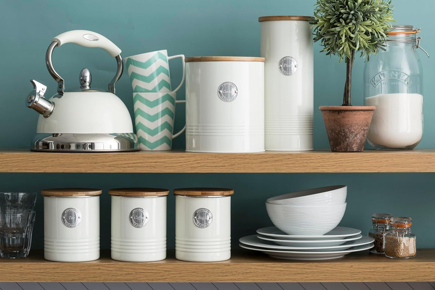 Colección LIVING, azucarero con tapa | pastel crema | caja de almacenamiento 1 L cocina para azúcar | azucarero de acero con tapa | Tarros herméticos de bambú con tapa Naty Shop Cajas de almacenamiento de alimentos