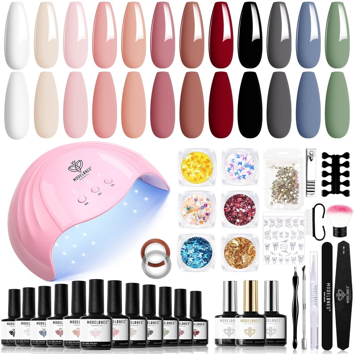 Modelones Juego de esmaltes de uñas de gel, 35 piezas, juego de esmaltes de uñas UV con lámpara de 48 W, juego de esmaltes de uñas de gel, color marrón, blanco y rosa, juego de esmaltes de uñas de gel UV con base de capa superior, juego de estudio de uñas