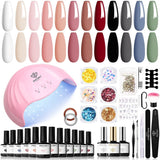 Modelones Juego de esmaltes de uñas de gel, 35 piezas, juego de esmaltes de uñas UV con lámpara de 48 W, juego de esmaltes de uñas de gel, color marrón, blanco y rosa, juego de esmaltes de uñas de gel UV con base de capa superior, juego de estudio de uñas