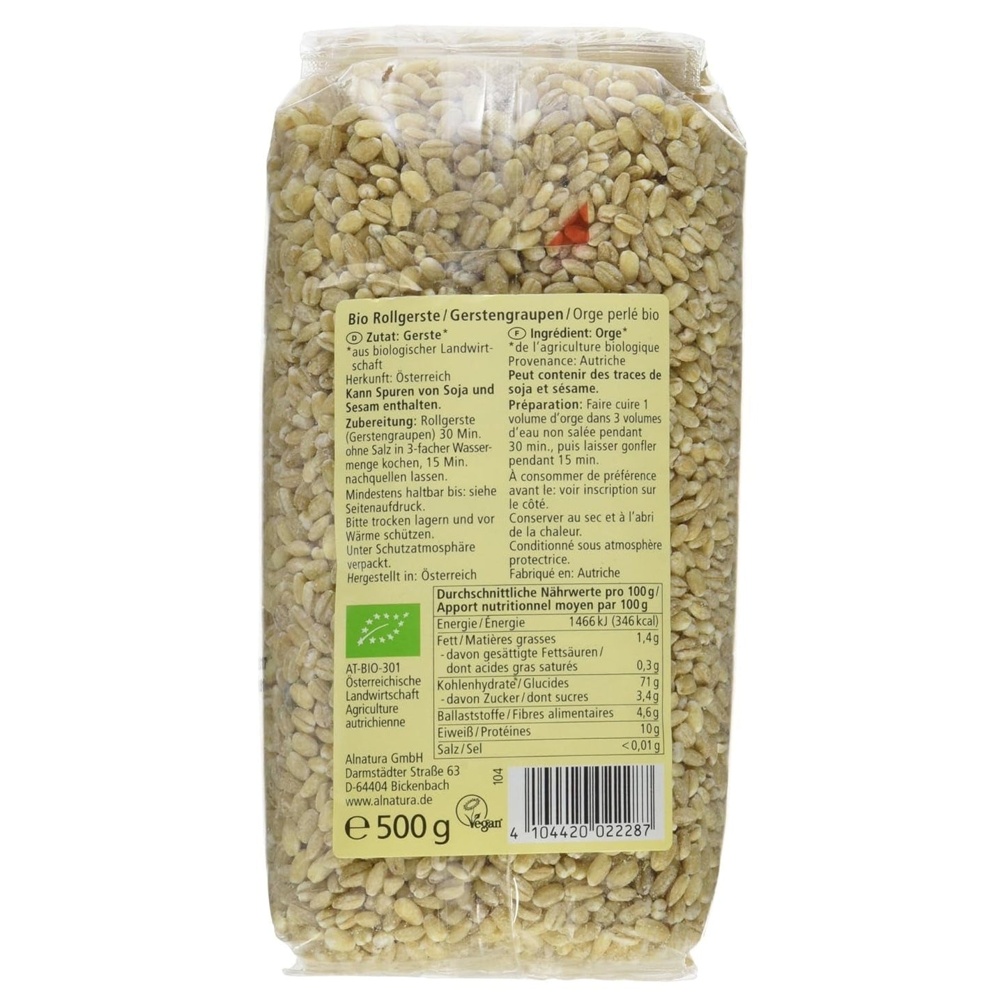 Cebada perlada orgánica, cebada perlada, 500g