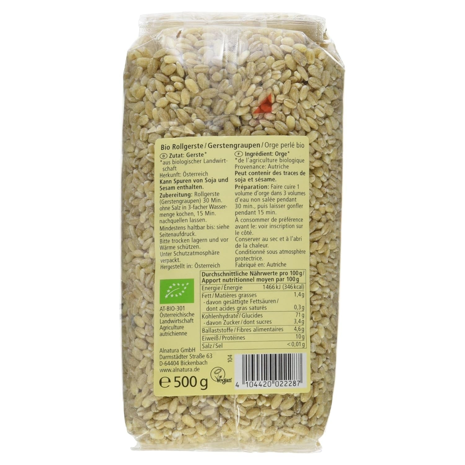 Cebada perlada orgánica, cebada perlada, 500g