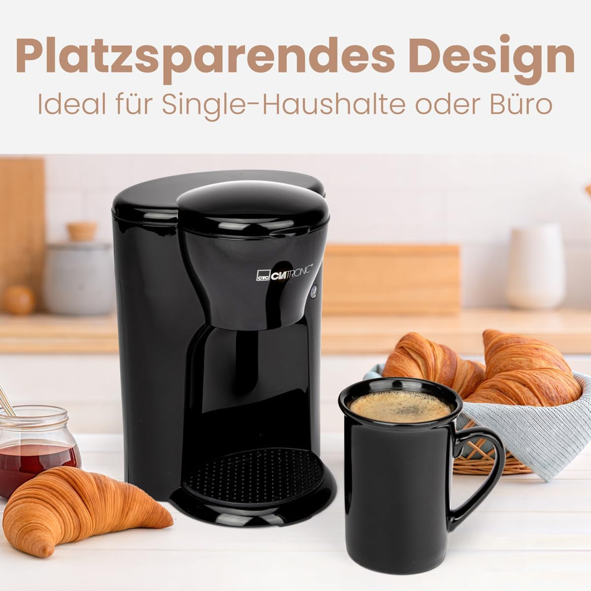 Cafetera Clatronic® de 1 taza | Máquina de café espresso perfecta para personas solteras | Cafetera espresso con filtro, incluida taza de cerámica | Pequeña cafetera espresso con filtro, ideal para viajar | KA 3356