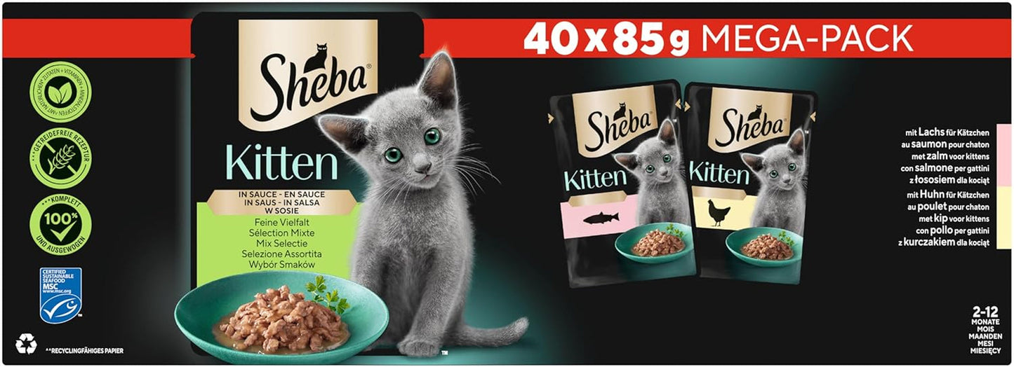 Sheba comida húmeda para gatitos, en sobres surtidos, con salmón (MSC) y pollo en salsa, multipack 40x85g