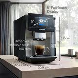 Cafetera espresso automática Siemens EQ700 classic TP715D01, control por aplicación, preparación en frío, pantalla táctil intuitiva, hasta 10 creaciones de café individuales como favoritas, limpieza automática con vapor, 1500 W, gris plateado