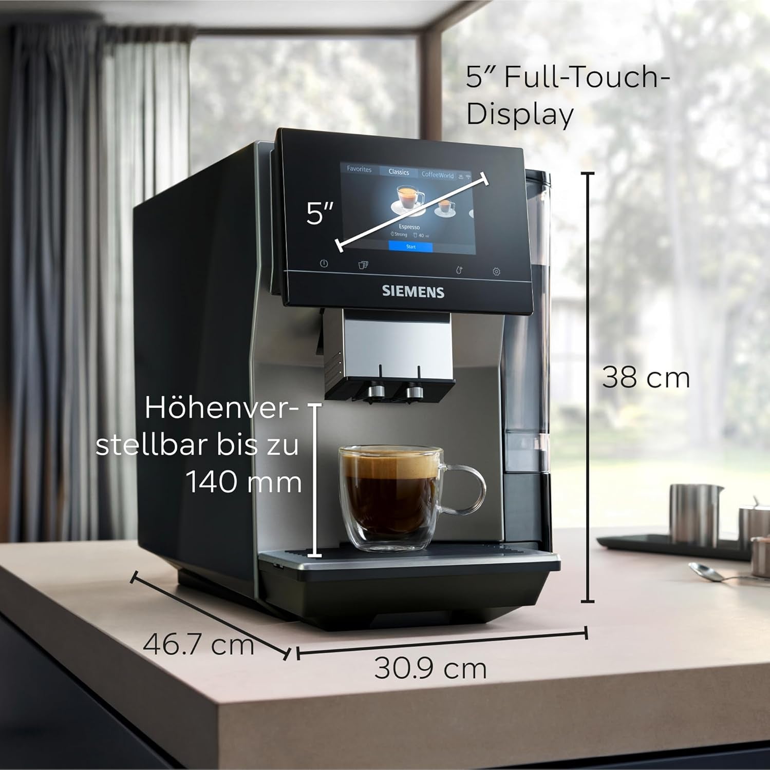 Cafetera espresso automática Siemens EQ700 classic TP715D01, control por aplicación, preparación en frío, pantalla táctil intuitiva, hasta 10 creaciones de café individuales como favoritas, limpieza automática con vapor, 1500 W, gris plateado