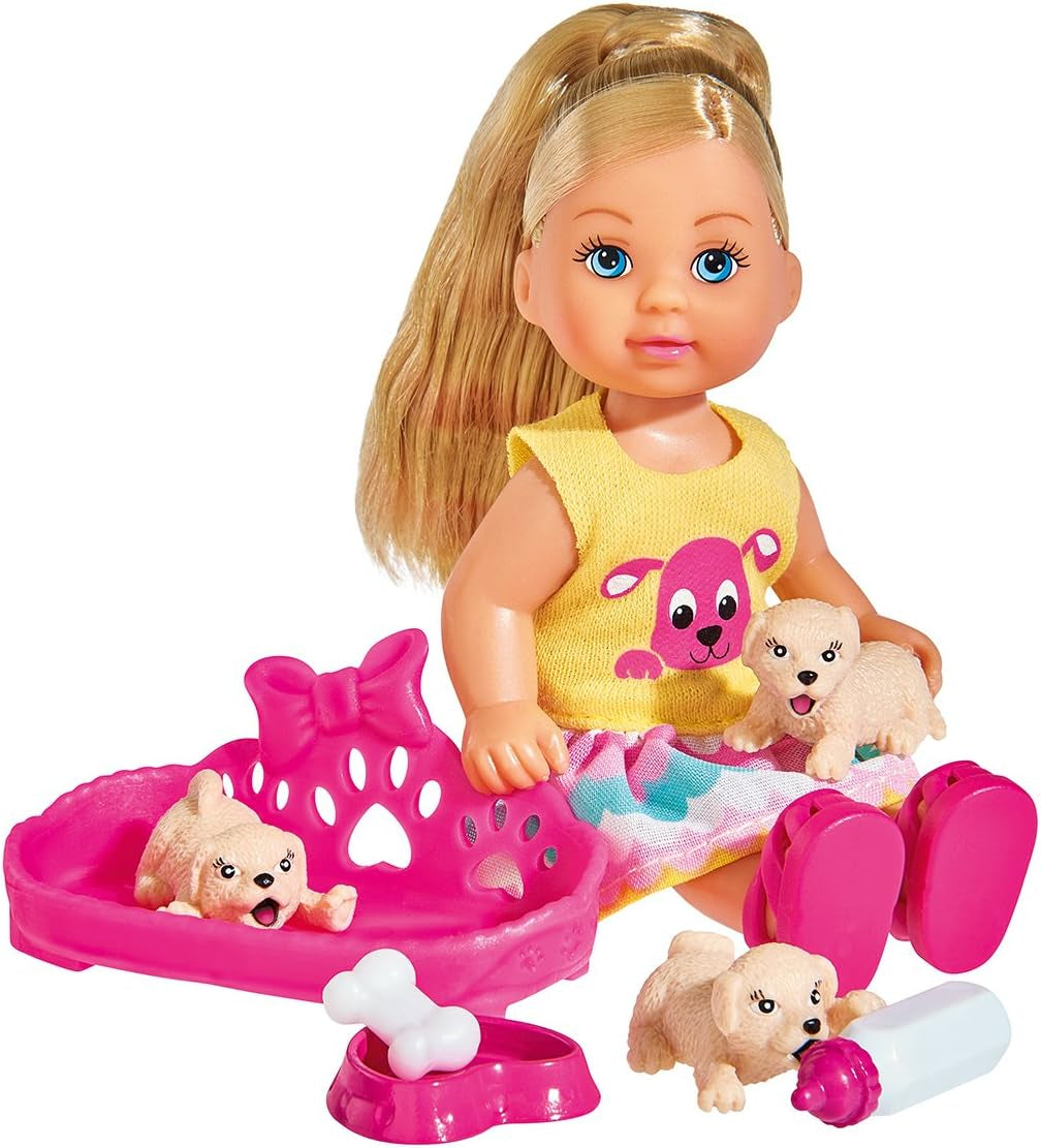 Simba 105733041 - Evi Love Puppy Love con TRES Cachorros, con Casa para Perro y Accesorios, Muñeca de Moda, 12 cm, para Niños a Partir de 3 Años