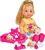 Simba 105733041 - Evi Love Puppy Love con TRES Cachorros, con Casa para Perro y Accesorios, Muñeca de Moda, 12 cm, para Niños a Partir de 3 Años