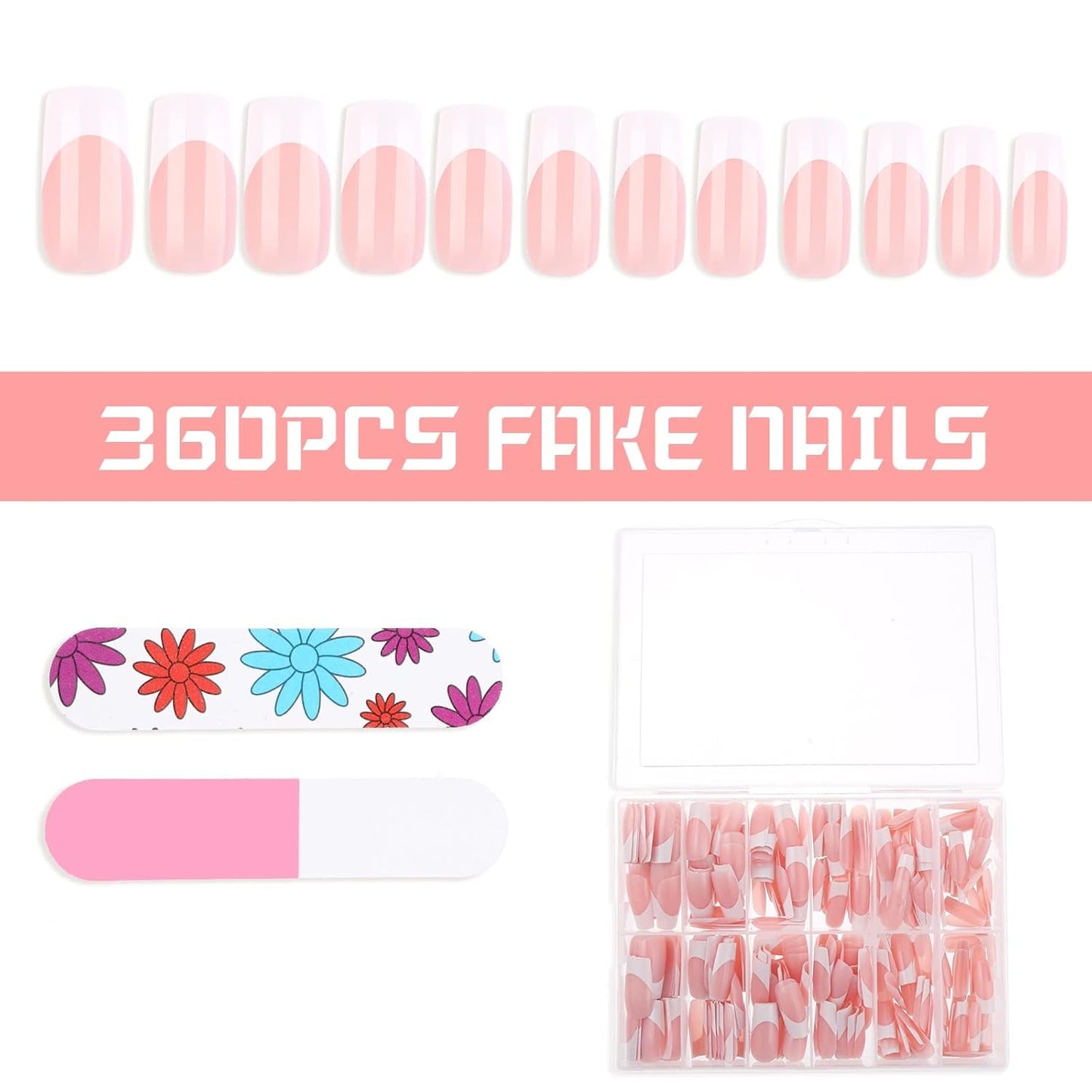 360 puntas adhesivas para uñas artificiales con caja de almacenamiento y lima de uñas (rectangular)