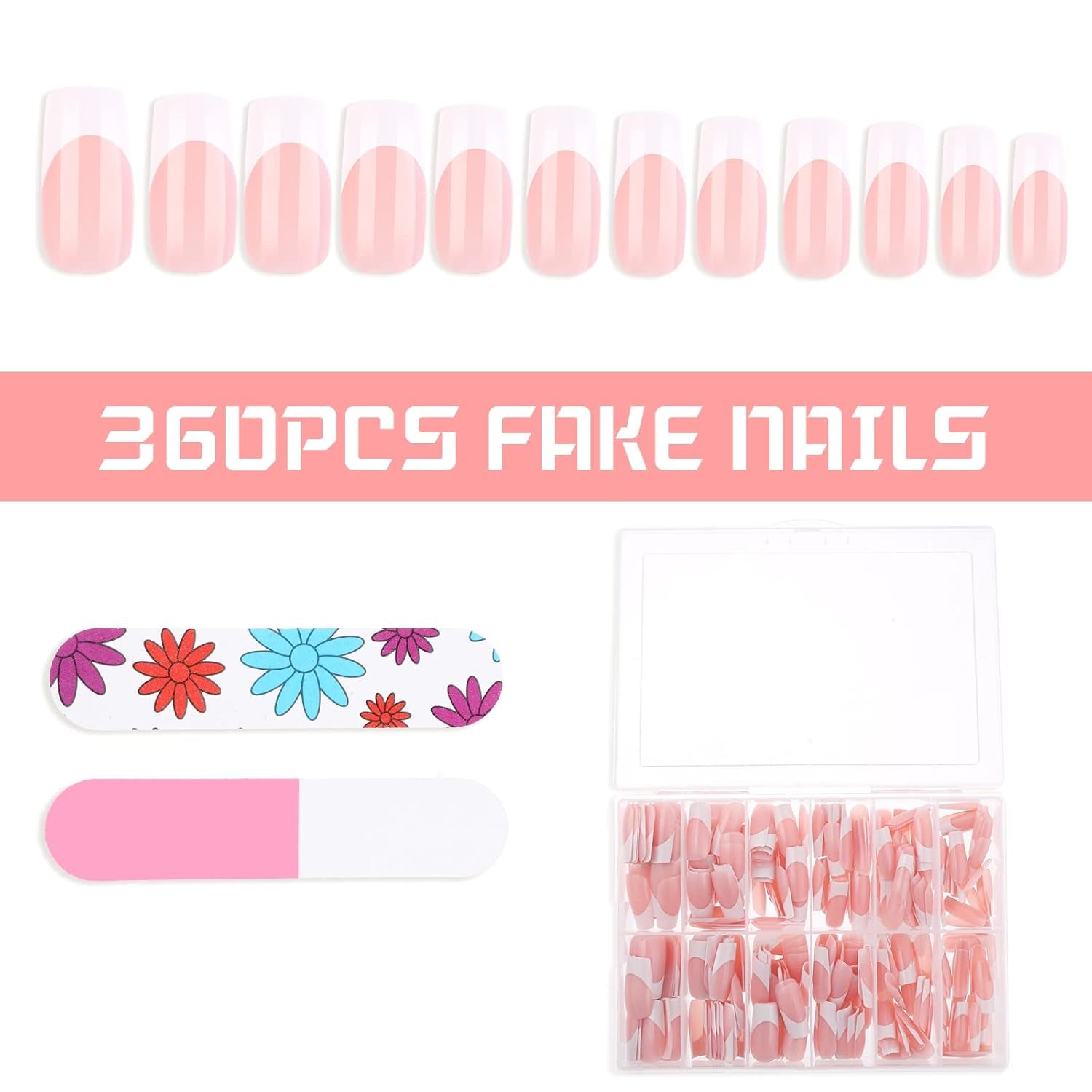 360 puntas adhesivas para uñas artificiales con caja de almacenamiento y lima de uñas (rectangular)