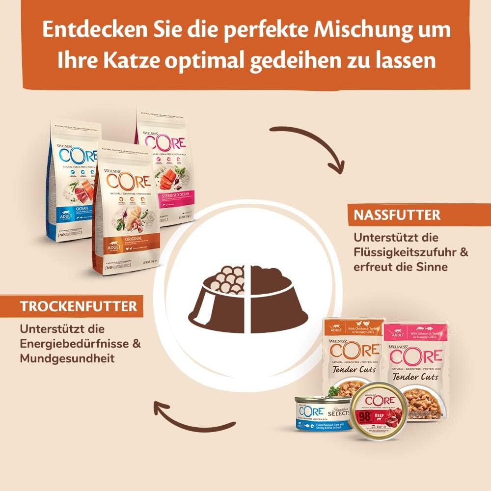 Wellness CORE 98% 12 x 85g, Pollo y Salmón - Comida húmeda para gatos, paté espeso, sin cereales, natural, hipoalergénica, rica en proteínas, rica en carne