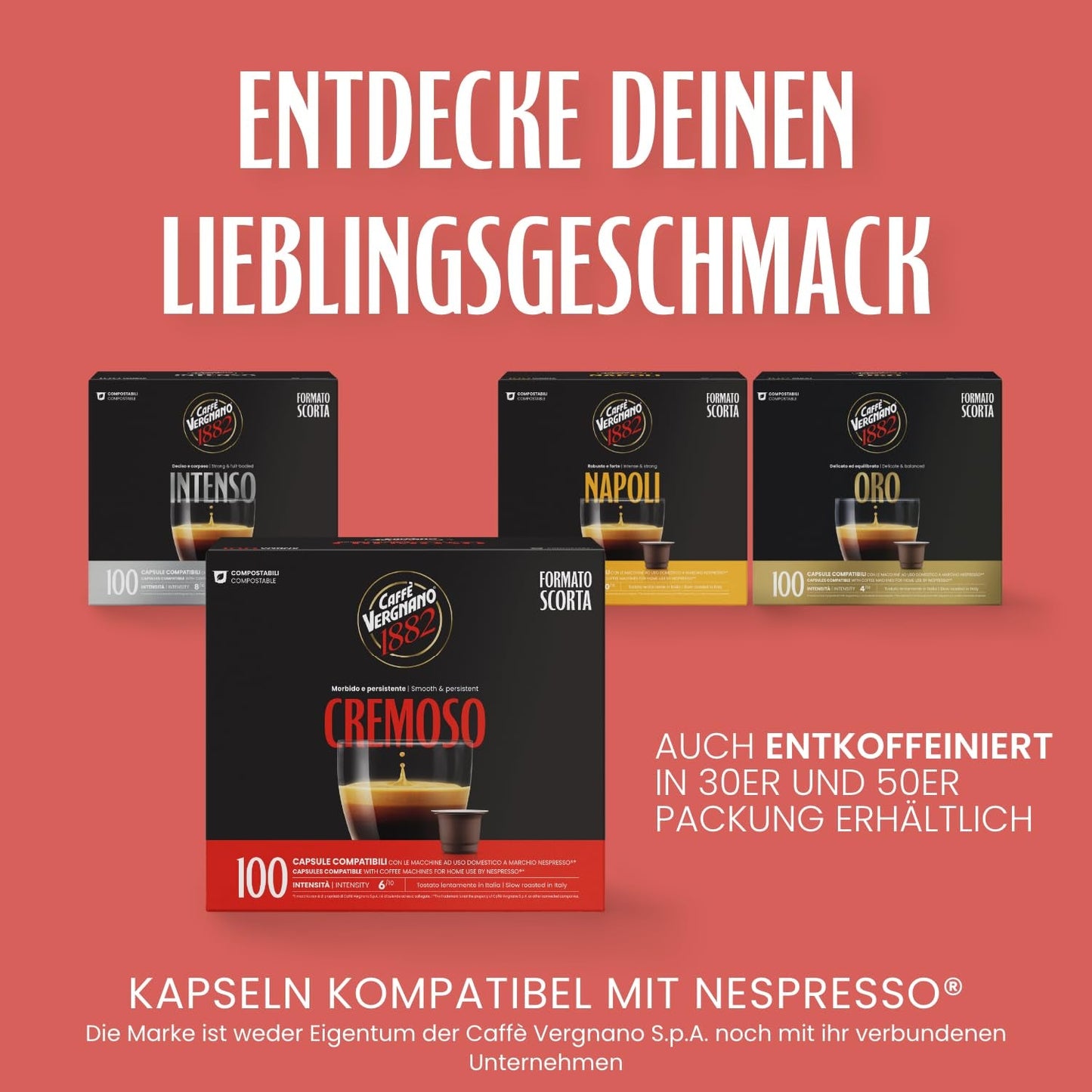 Caffè Vergnano 1882 - Café Èspresso Compostable, Compatible con Nespresso, Cremoso (Cremoso) - Packung Enthält 100 Kapseln