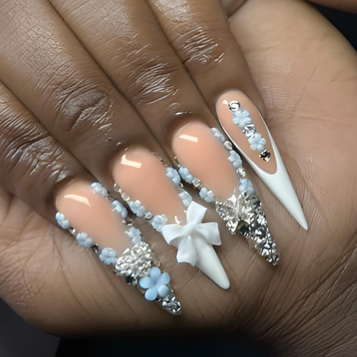Mouyouglow-uñas largas Stiletto, color blanco lechoso, degradado, purpurina rosa, uñas postizas frescas con pegamento, uñas artificiales con purpurina rosa ombré