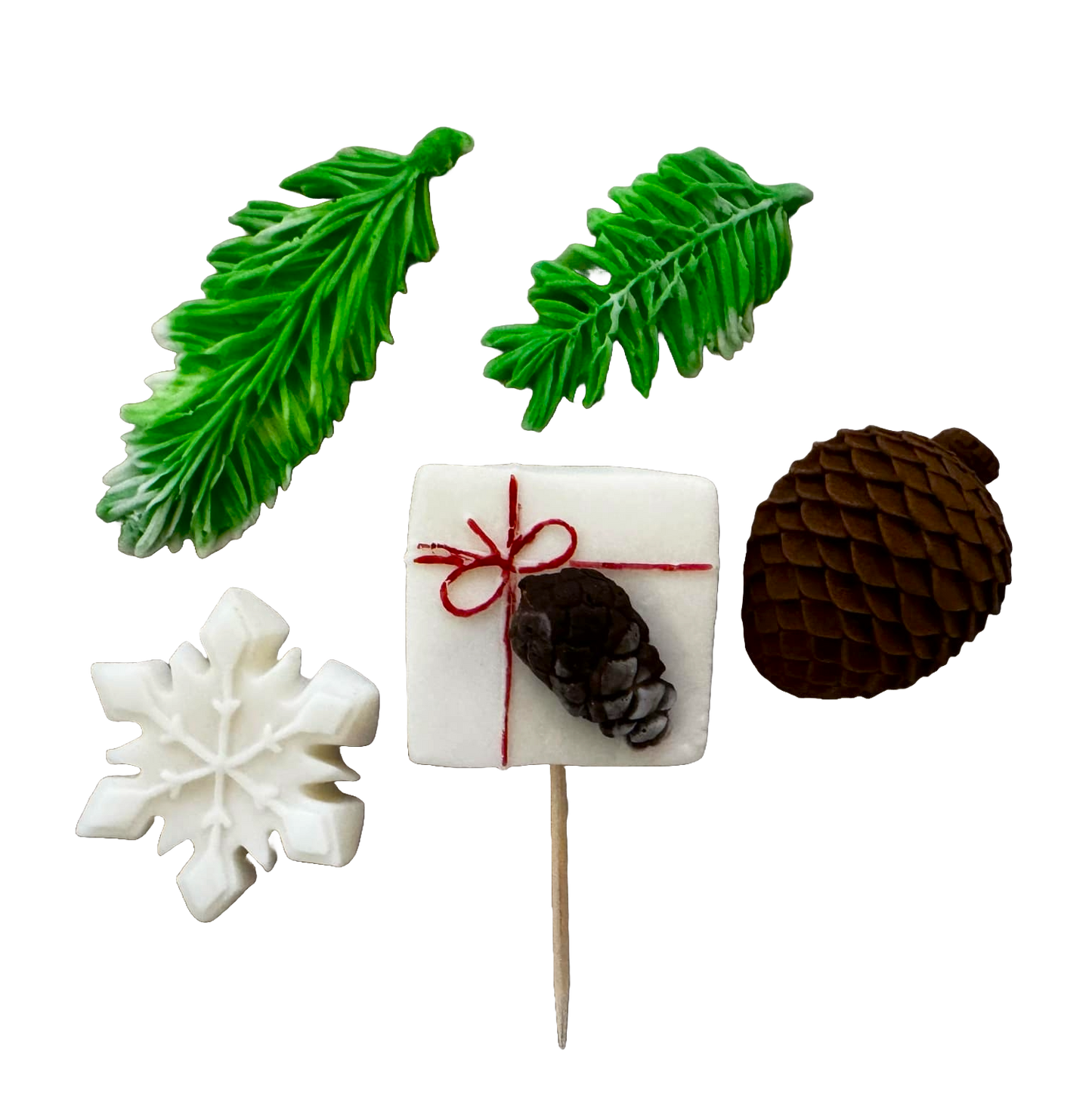 Set de 5 adornos comestibles en pasta de azúcar, Invierno, agujas de abeto, copo de nieve, cono Decoraciones en pasta de azúcar Naty Shop
