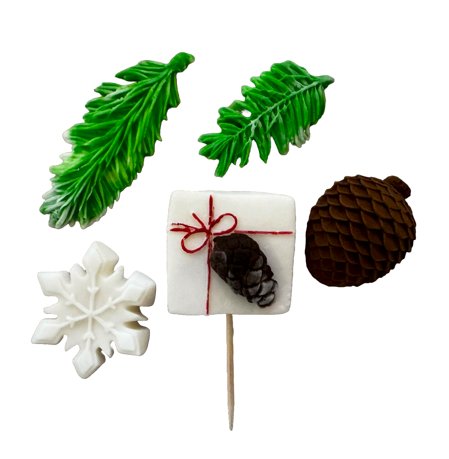 Set de 5 adornos comestibles en pasta de azúcar, Invierno, agujas de abeto, copo de nieve, cono Decoraciones en pasta de azúcar Naty Shop
