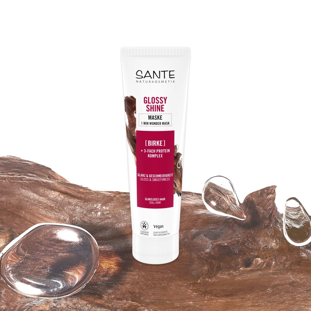 SANTE Naturkosmetik Glossy Shine Mask extracto de hoja de abedul orgánico + 3x complejo de proteínas, mascarilla capilar hidratante y sin silicona, cuidado del cabello vegano para más brillo y flexibilidad, 150 ml Naty Shop Hair Mask