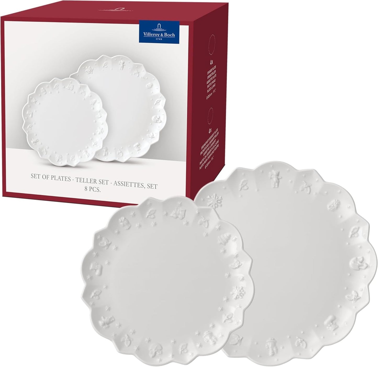 Villeroy & Boch Toy's Delight Royal Classic Vajilla de 8 piezas, Apta para lavavajillas y microondas, Blanco, Platos, Vajilla para 4 personas, Vajilla navideña, Juguetes, Porcelana Premium