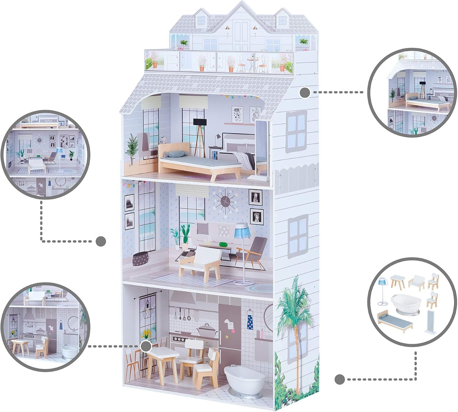 Teamson Kids Olivia's Little World Casa de muñecas gigante con muebles y accesorios, casa de muñecas de madera, juego de 3 niveles para muñecas de 30 cm, a partir de 3 años